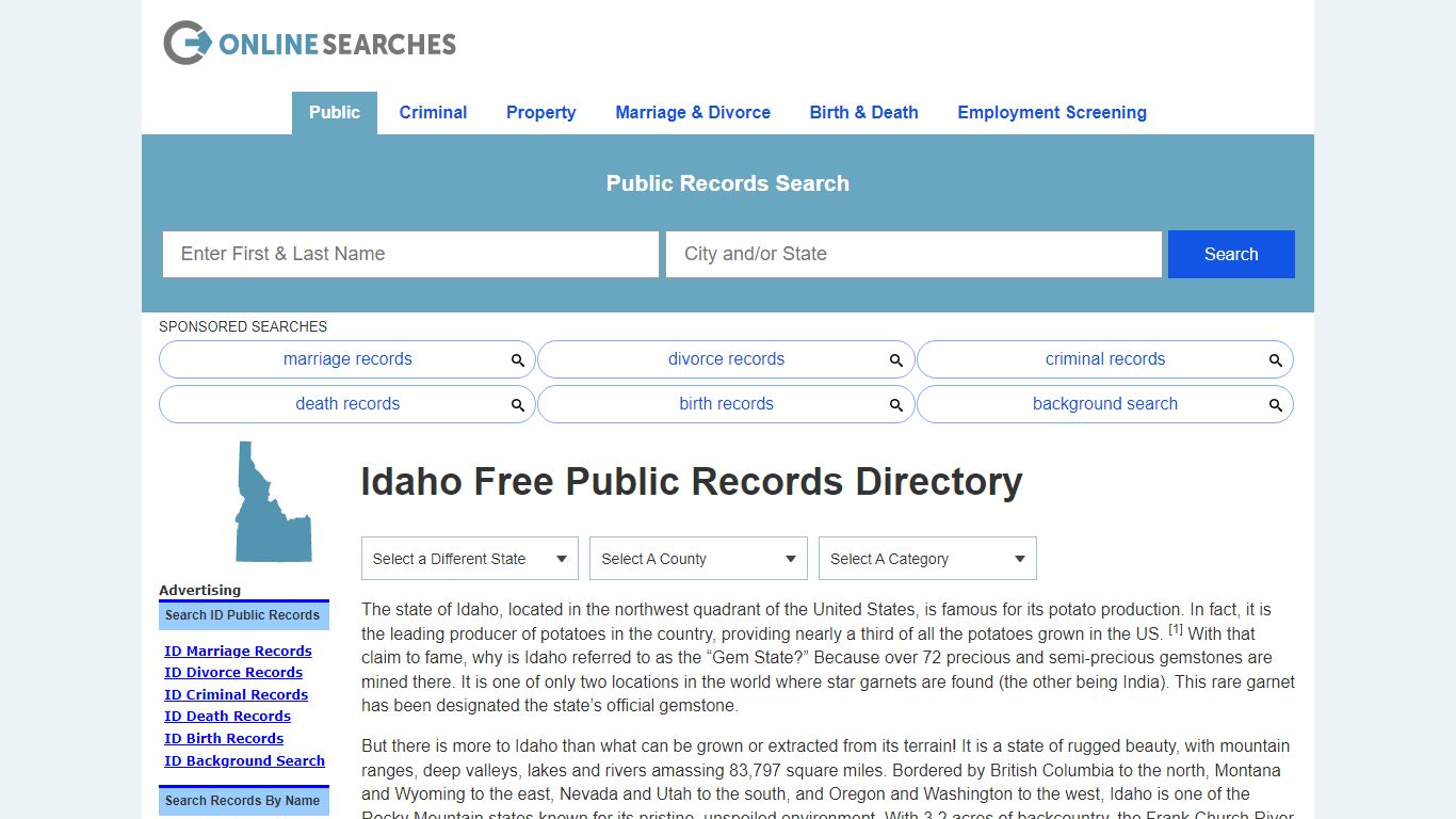 Idaho Free Public Records Directory - OnlineSearches.com